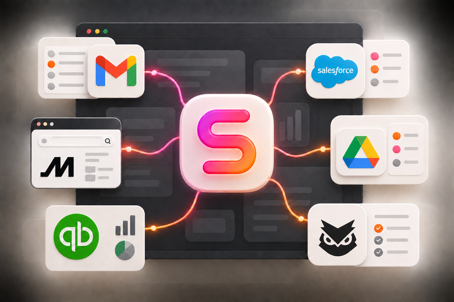 Workflow illustration with Susan at the center and Gmail, Salesforce, Google Drive, QuickBooks, Motive, and Samsara logos around it.