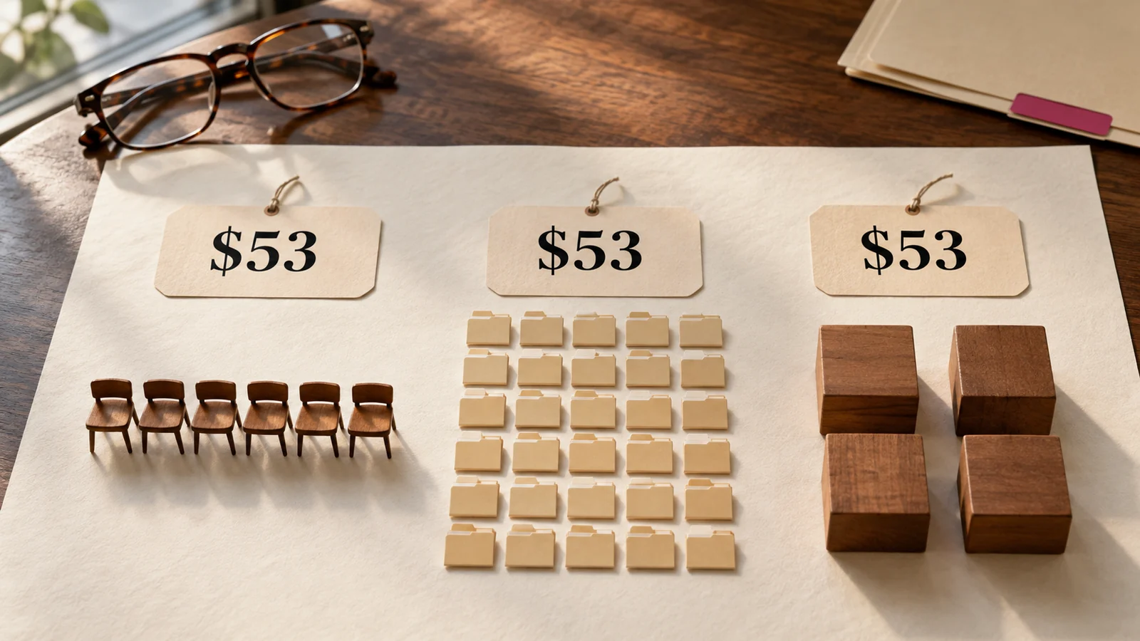 Three columns of identical objects on a cost sheet, each headed by the same $53 price tag, showing that one dollar figure buys a different quantity depending on what is counted.