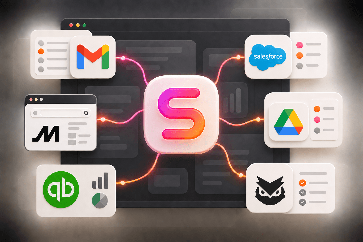 Workflow illustration with Susan at the center and Gmail, Salesforce, Google Drive, QuickBooks, Motive, and Samsara logos around it.