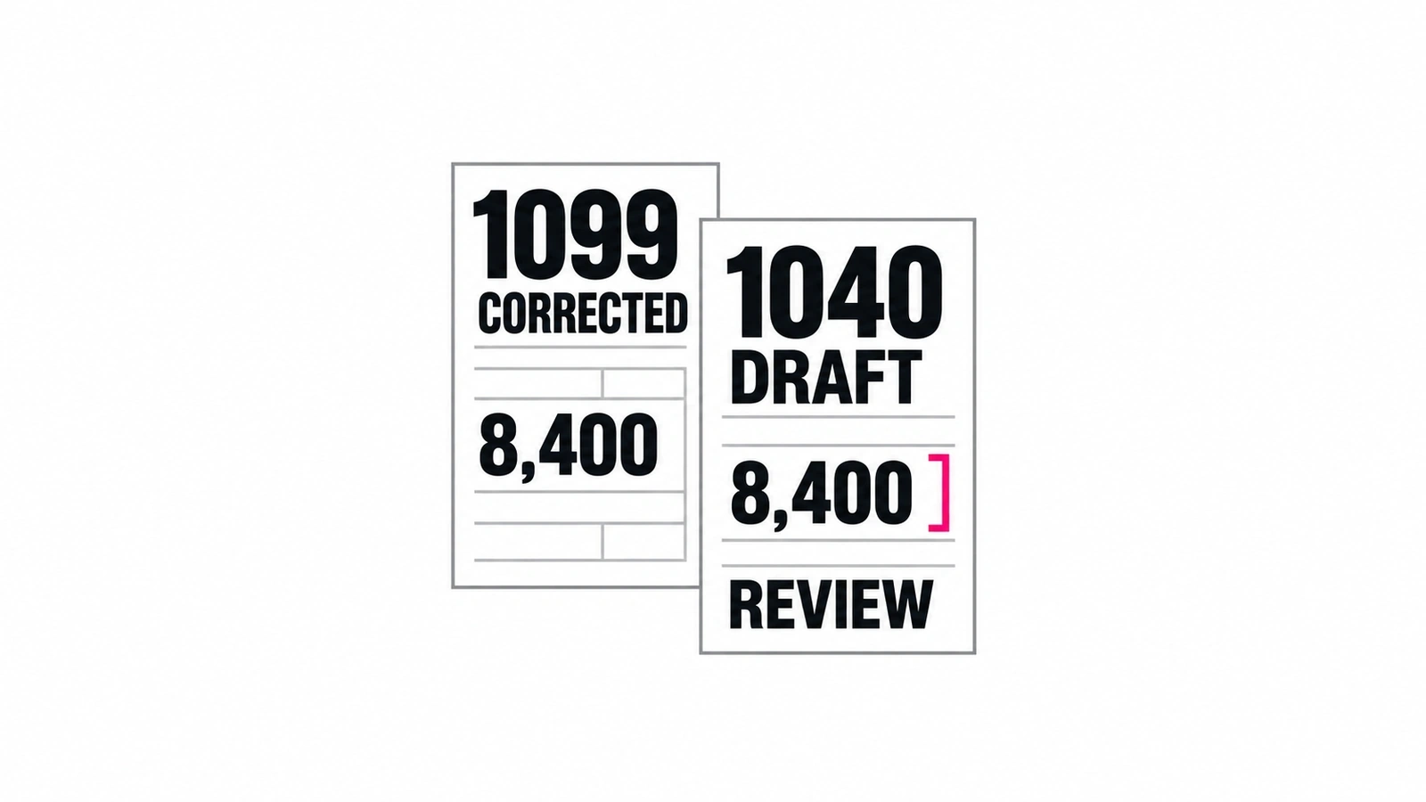 Tax source document beside a return workpaper with a corrected amount held for review.