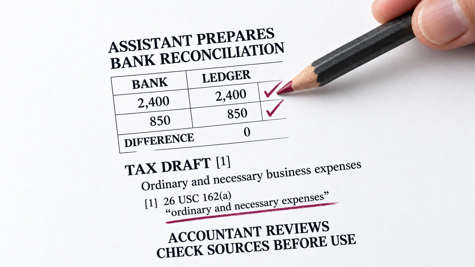 Accounting workpack with matched bank and ledger entries, a cited tax draft, and pencil annotations for accountant review.