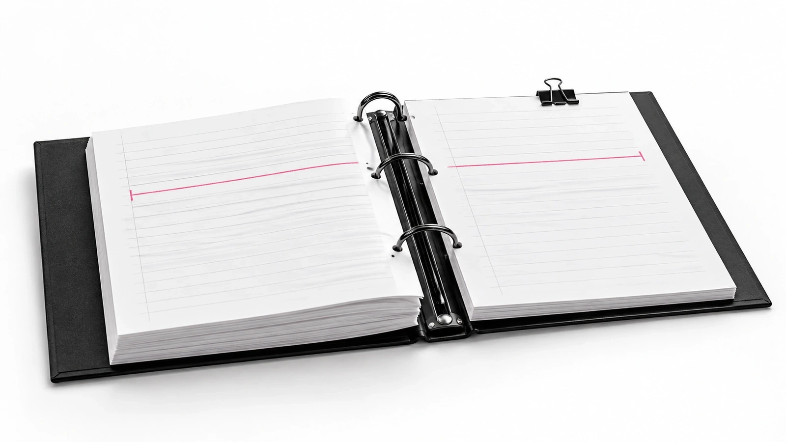 Open black audit binder with blank ruled workpapers and a binder clip on a white background.