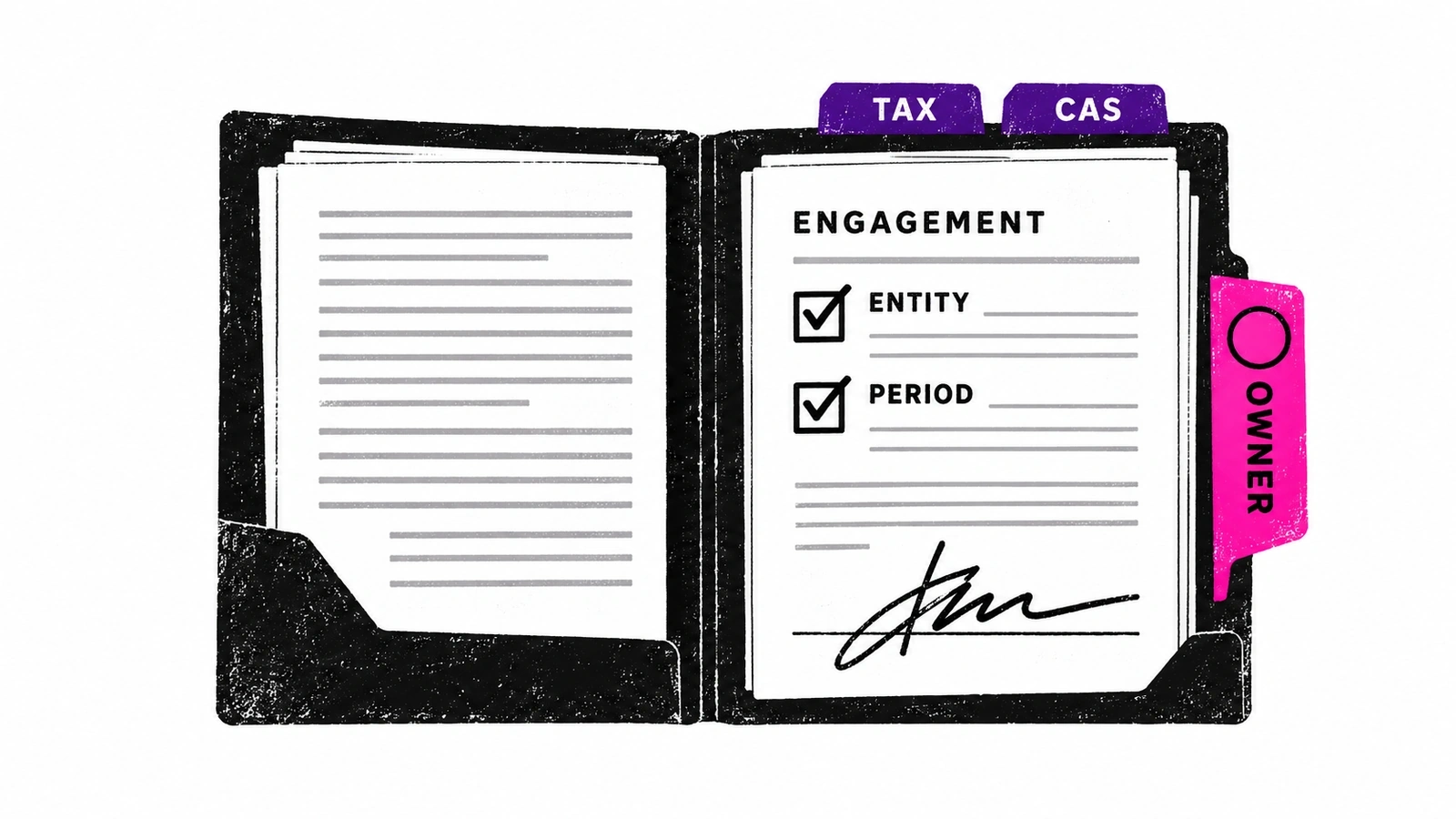 Signed accounting engagement with Tax and CAS work tabs, checked entity and period, and an unassigned owner tab.