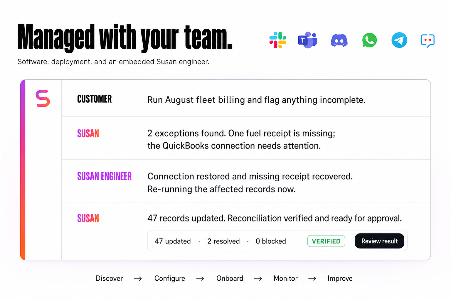 Susan, an embedded engineer, and the customer resolving a fleet billing exception inside the team’s preferred chat platform