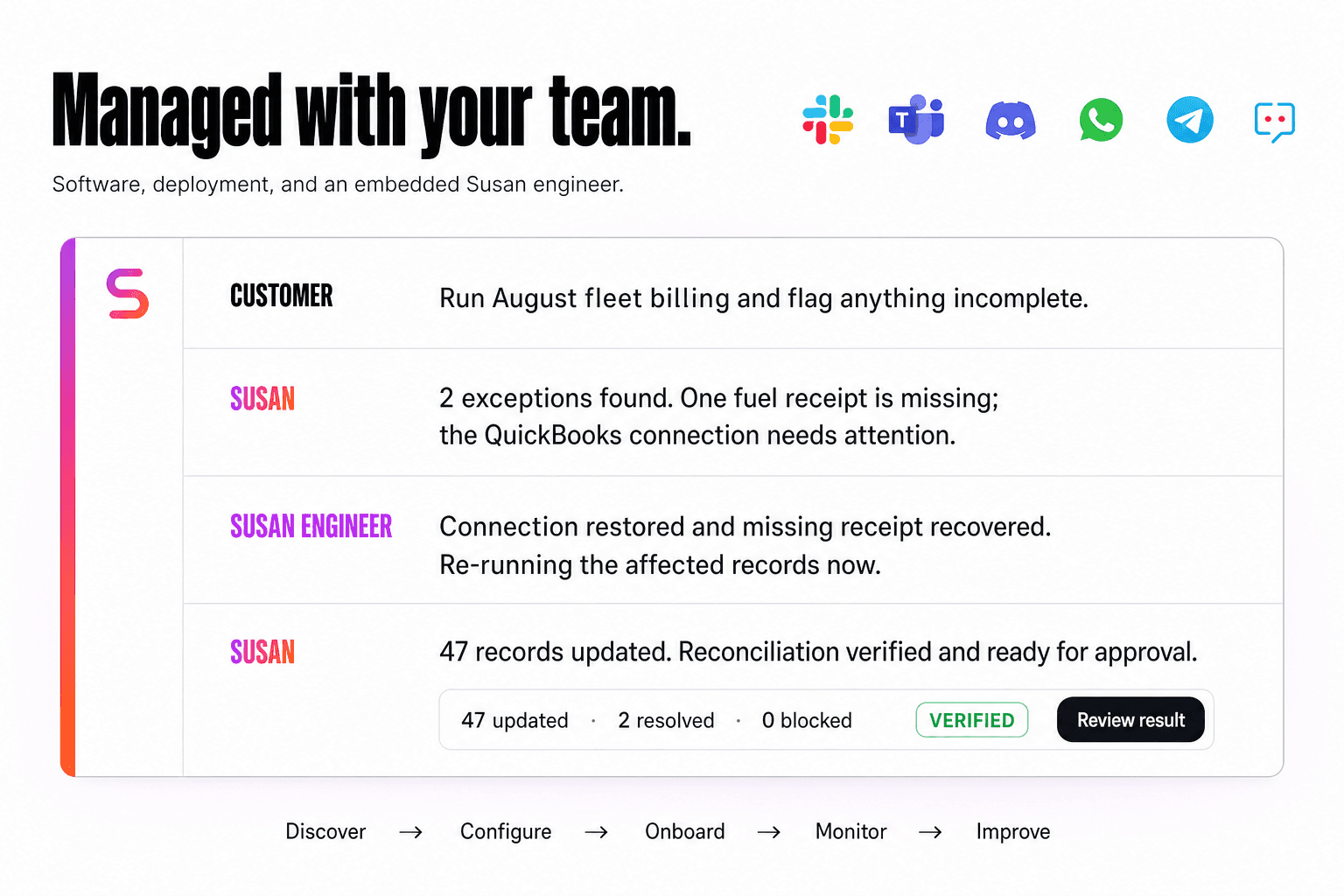 Susan, an embedded engineer, and the customer resolving a fleet billing exception inside the team’s preferred chat platform