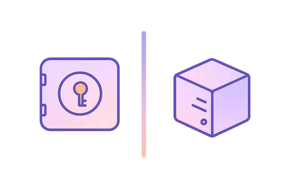 A vault holding your app access on the left, a protected access layer in the center, and your separate agent computer on the right.