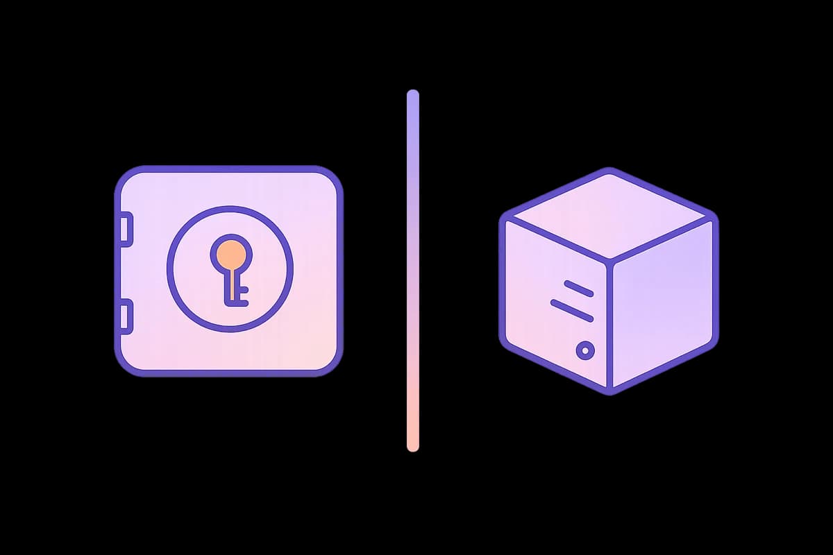 A vault holding your app access on the left, a protected access layer in the center, and your separate agent computer on the right.