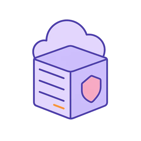 An isolated cloud computer cube with a shield badge
